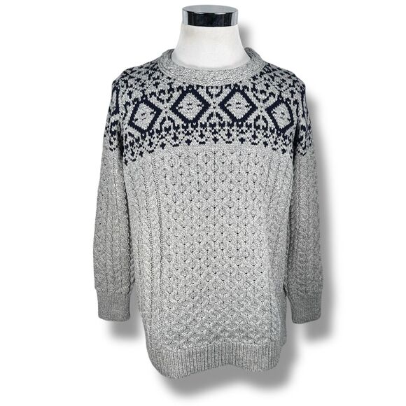 Aran Crafts Jacquard Pullover Sweater Women’s XL Gray Blue Merino Wool Knit New - Picture 1 of 9